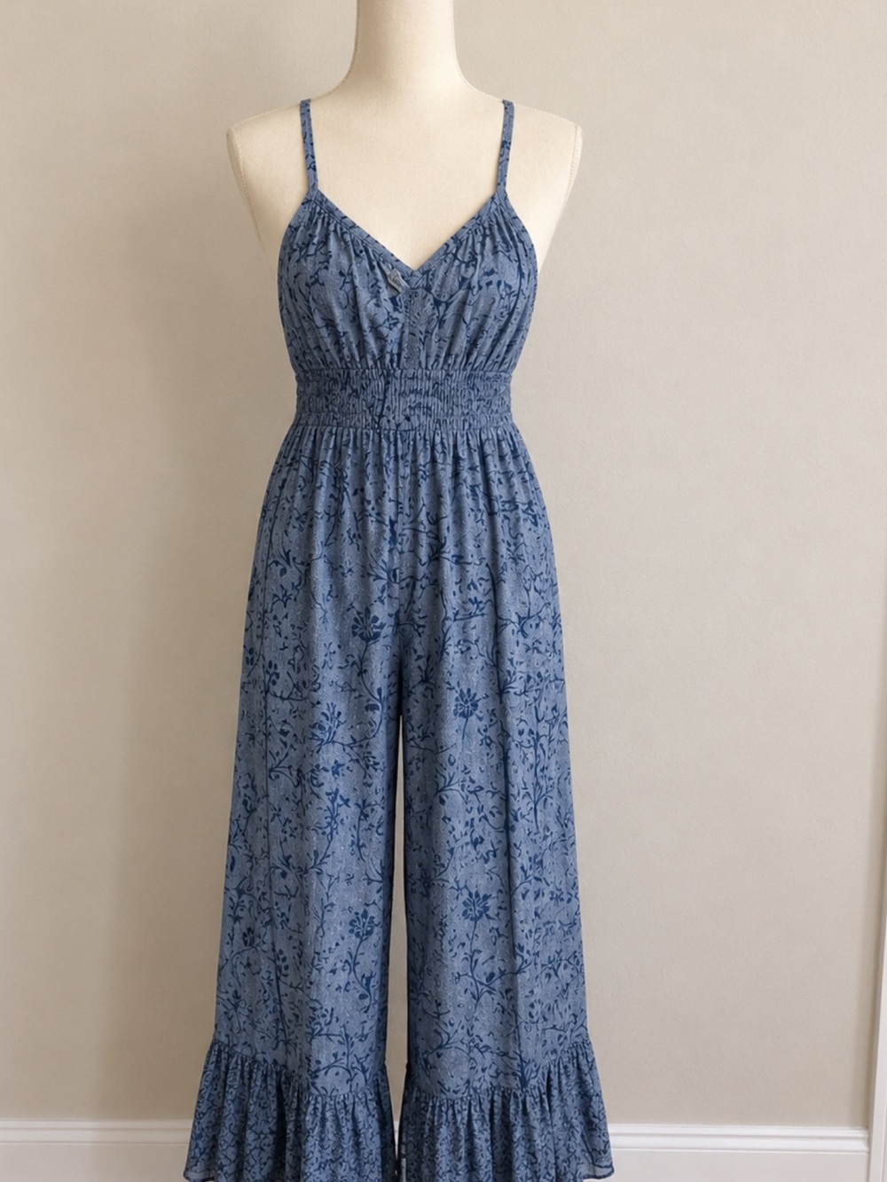 Angie Blue Floral Smocked-Waist Ruffle-Hem Jumpsuit